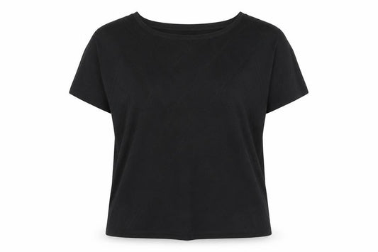 Front view of CYRUS Women's Black Knit Short Sleeve Crew Neck Top XL