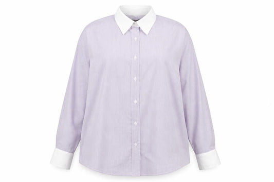 Front view of Harvey & Jones Women's Purple Striped Long Sleeve Button-Up Shirt, size 16