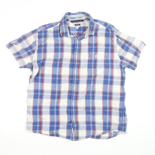 Tommy Hilfiger Men's Blue Checked Classic Fit Short Sleeve Cotton Shirt Size L