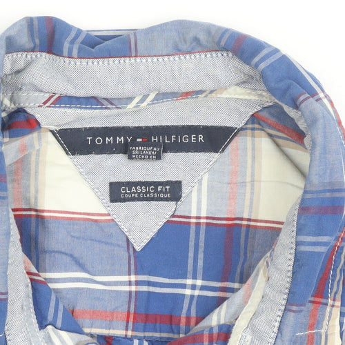 Tommy Hilfiger Men's Blue Checked Classic Fit Short Sleeve Cotton Shirt Size L