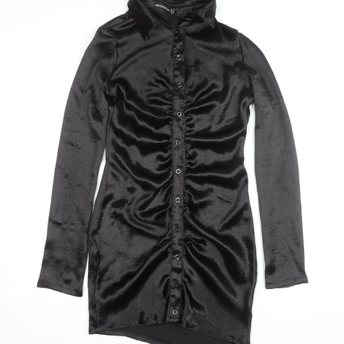 PrettyLittleThing Womens Black Size 6 Satin Ruched Shirt Dress