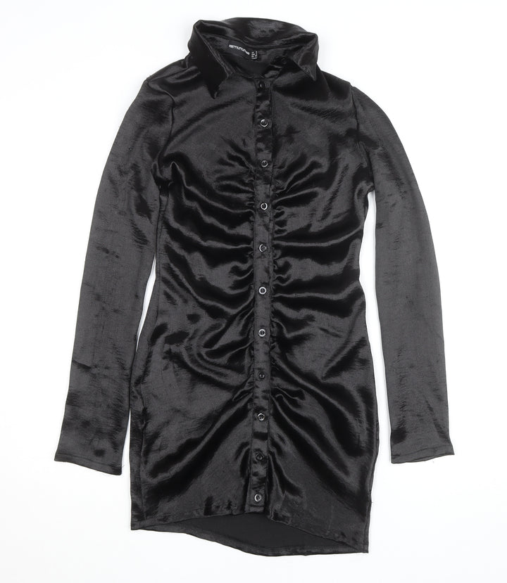 PrettyLittleThing Womens Black Size 6 Satin Ruched Shirt Dress