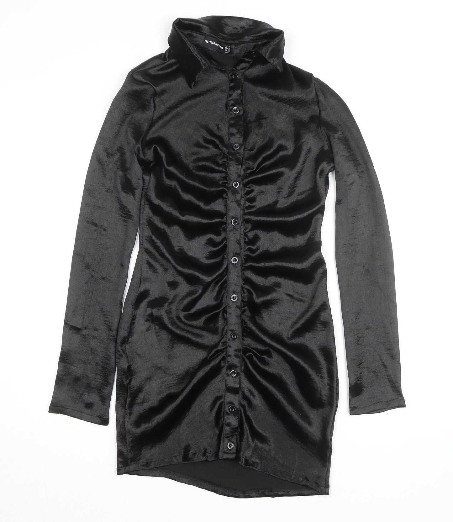 PrettyLittleThing Womens Black Size 6 Satin Ruched Shirt Dress