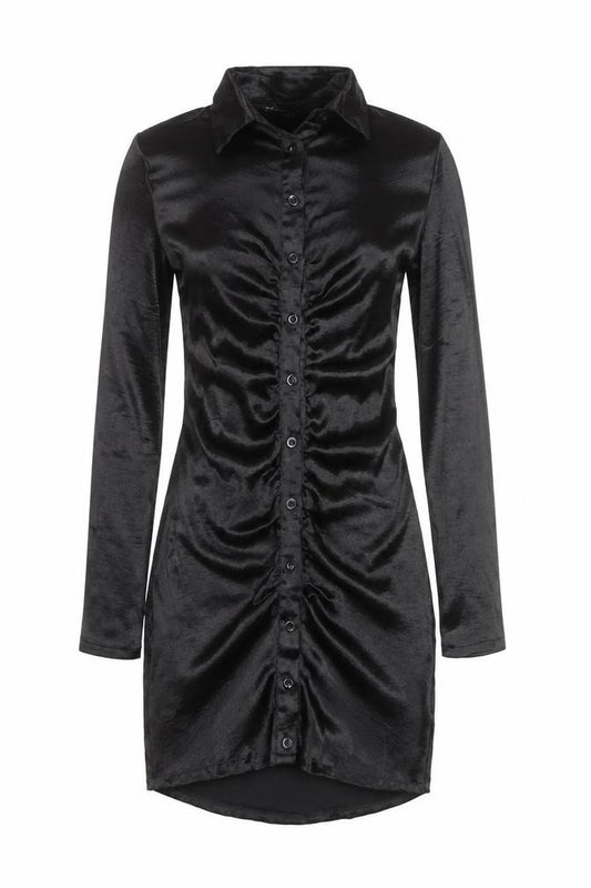 Front view of PRETTYLITTLETHING women’s black, size UK 6, satin ruched shirt dress