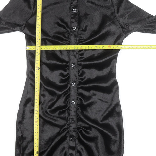 PrettyLittleThing Womens Black Size 6 Satin Ruched Shirt Dress