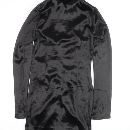 PrettyLittleThing Womens Black Size 6 Satin Ruched Shirt Dress