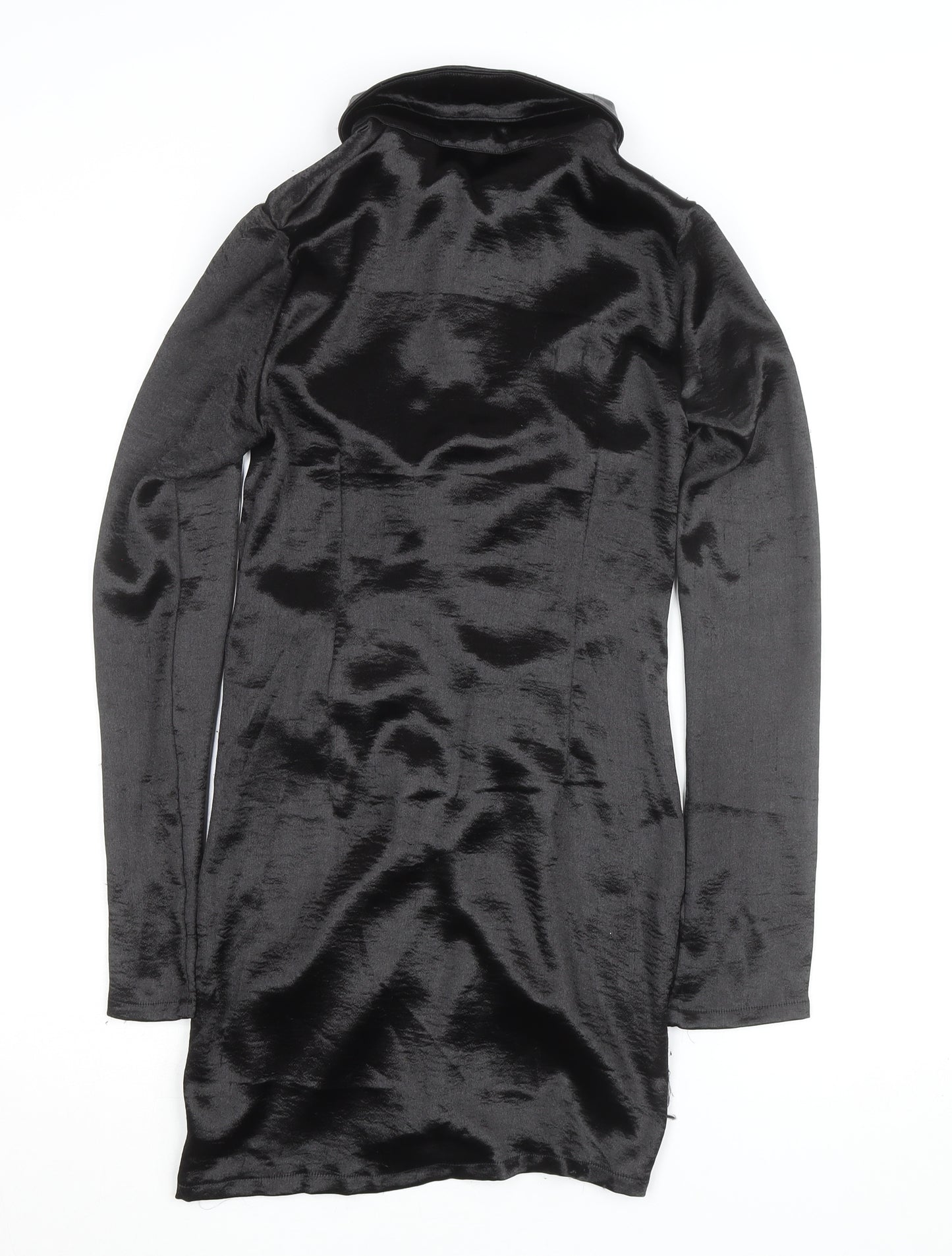 PrettyLittleThing Womens Black Size 6 Satin Ruched Shirt Dress