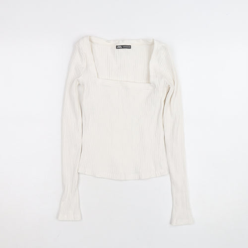 ZARA Women Ivory Long Sleeve Ribbed Square Neck Cotton Top XS