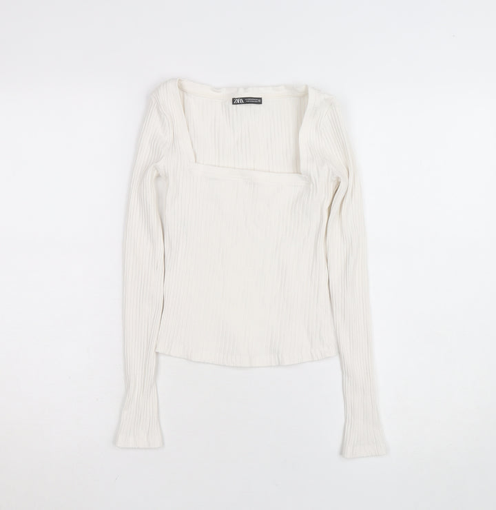 ZARA Women Ivory Long Sleeve Ribbed Square Neck Cotton Top XS