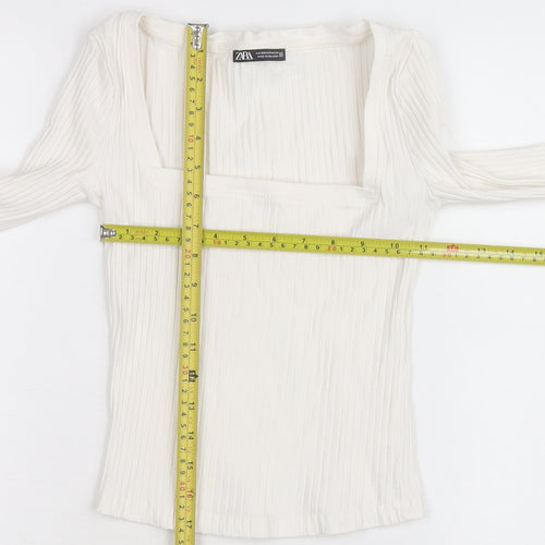 ZARA Women Ivory Long Sleeve Ribbed Square Neck Cotton Top XS