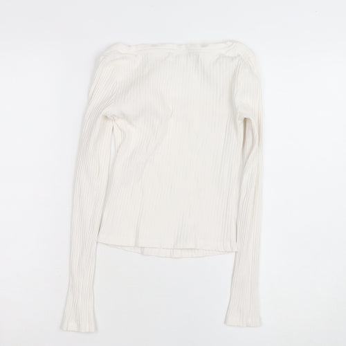 ZARA Women Ivory Long Sleeve Ribbed Square Neck Cotton Top XS
