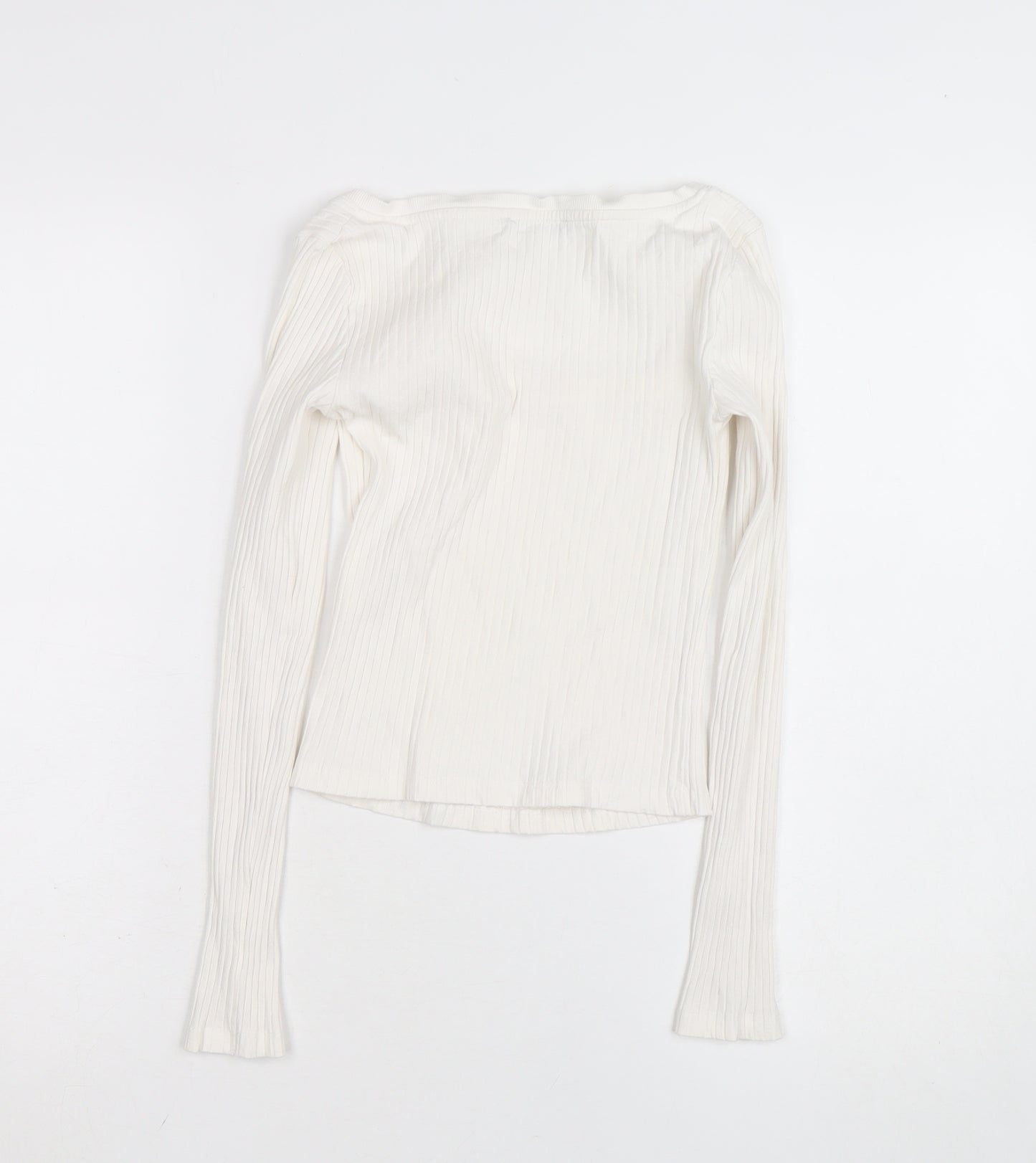ZARA Women Ivory Long Sleeve Ribbed Square Neck Cotton Top XS