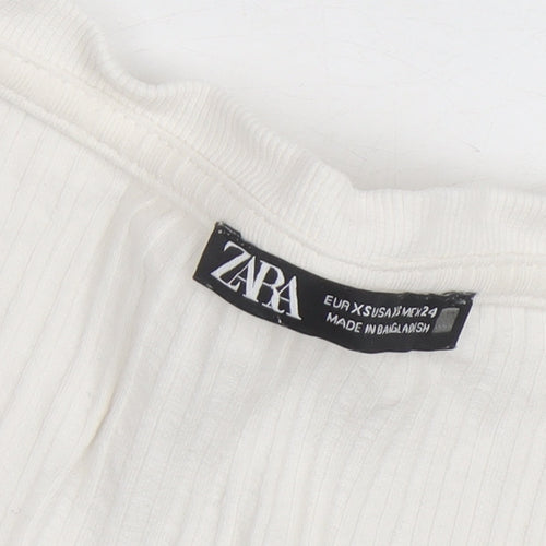 ZARA Women Ivory Long Sleeve Ribbed Square Neck Cotton Top XS