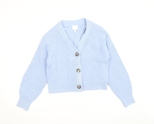 H&M Women Light Blue Cardigan XS Cotton Acrylic Knit V-Neck Jumper