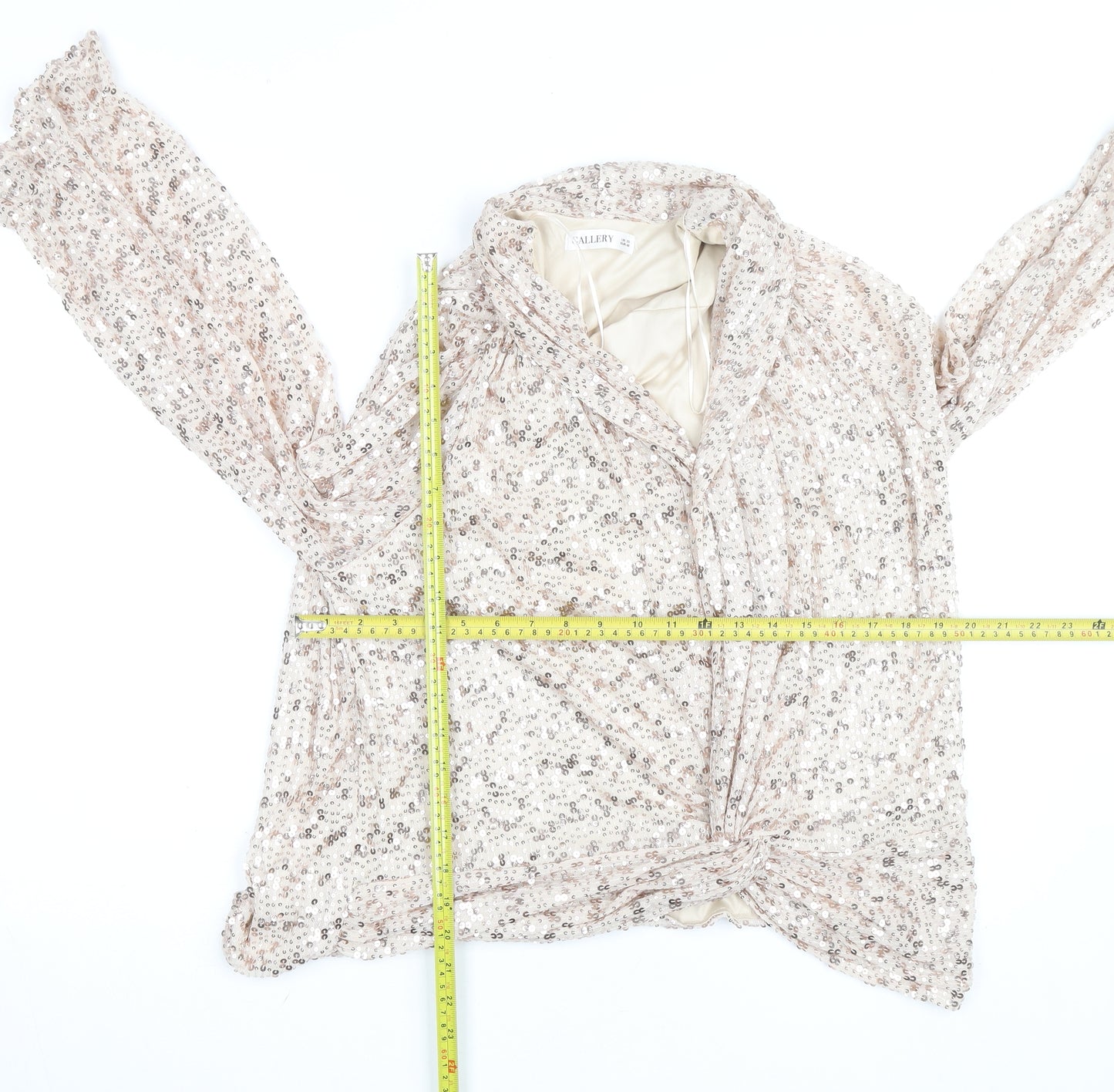 Gallery Women’s Beige Sequin Wrap Blouse UK 20 Long Sleeve Elegant Top
