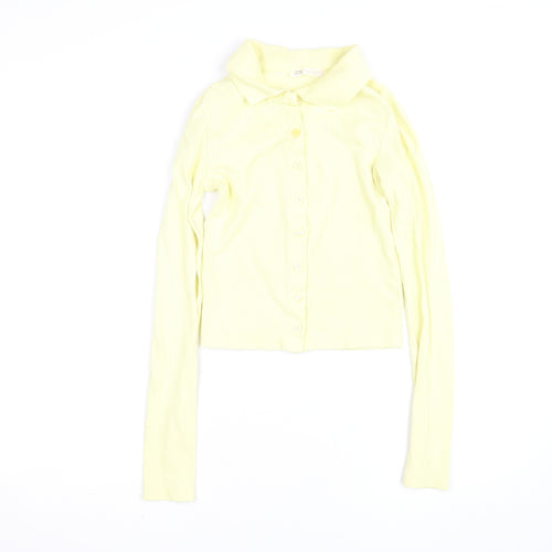 Stradivarius Women Yellow Cropped Collared Long Sleeve Button-Up Shirt Size 8