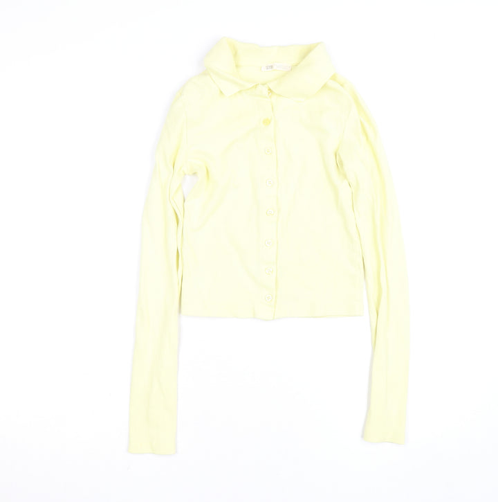 Stradivarius Women Yellow Cropped Collared Long Sleeve Button-Up Shirt Size 8