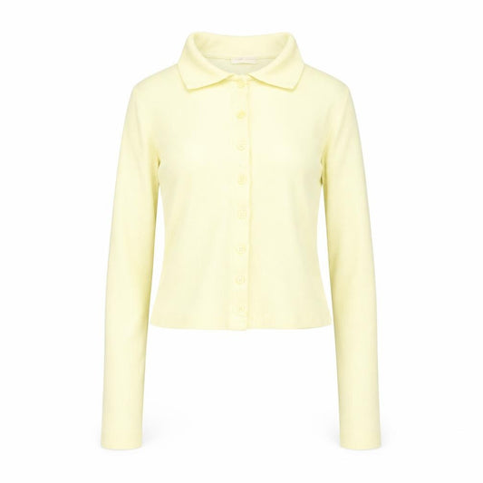 Front view of Stradivarius Women Yellow Cropped Collared Long Sleeve Button-Up Shirt, size 8