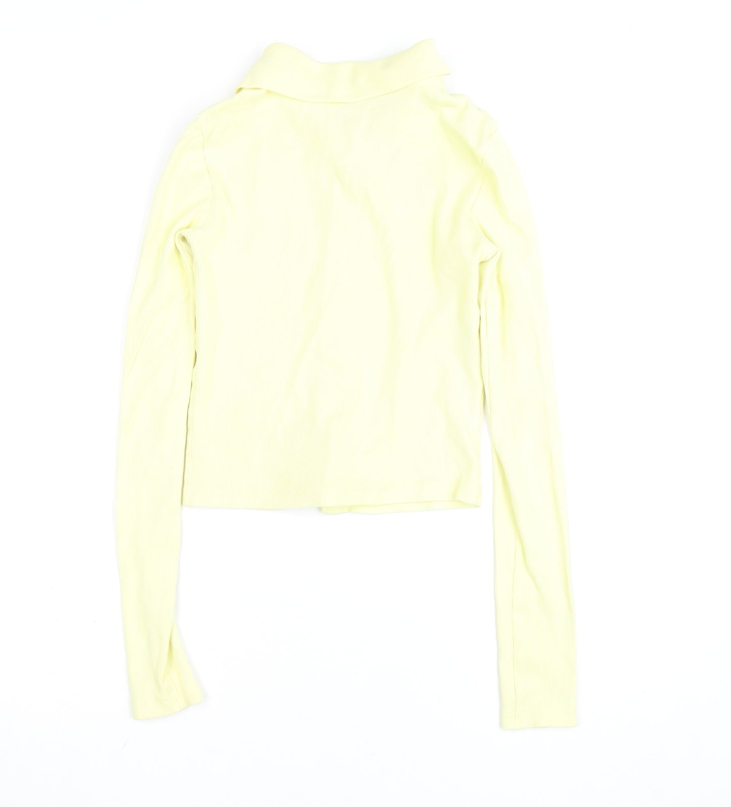 Stradivarius Women Yellow Cropped Collared Long Sleeve Button-Up Shirt Size 8