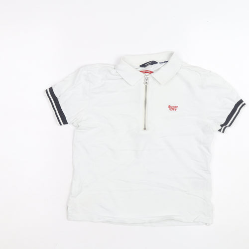Superdry Boys White Short Sleeve Polo Shirt UK 6 Regular Fit Zip Collar