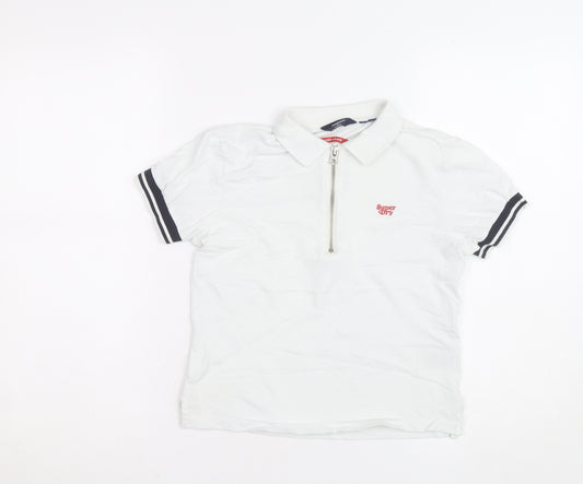 Superdry Boys White Short Sleeve Polo Shirt UK 6 Regular Fit Zip Collar