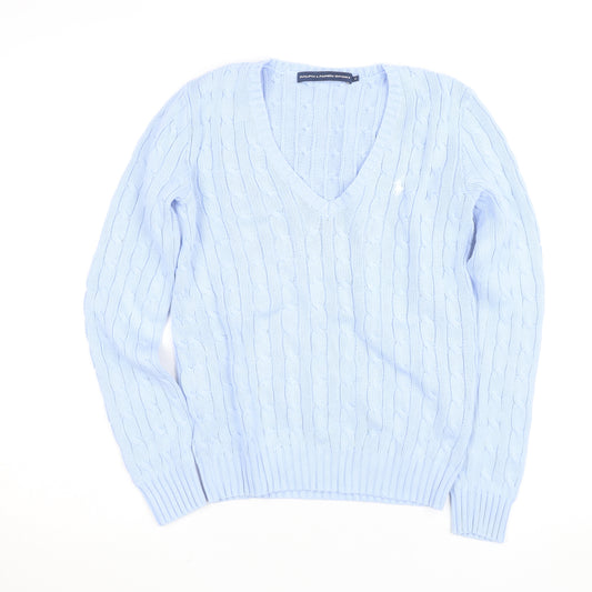 Ralph Lauren Sport Women's Blue Cotton V-Neck Cable Knit Jumper M