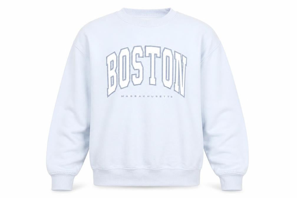 Front view of Stradivarius unisex blue boston crew neck sweatshirt xs