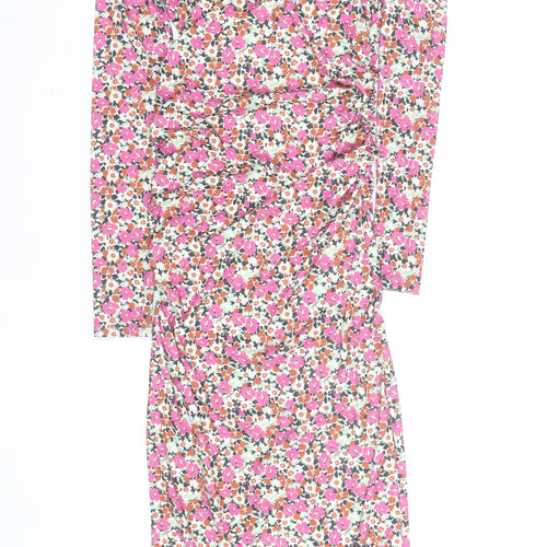 Zara Women’s Multicoloured Floral Ruched Bodycon Midi Dress Size 8