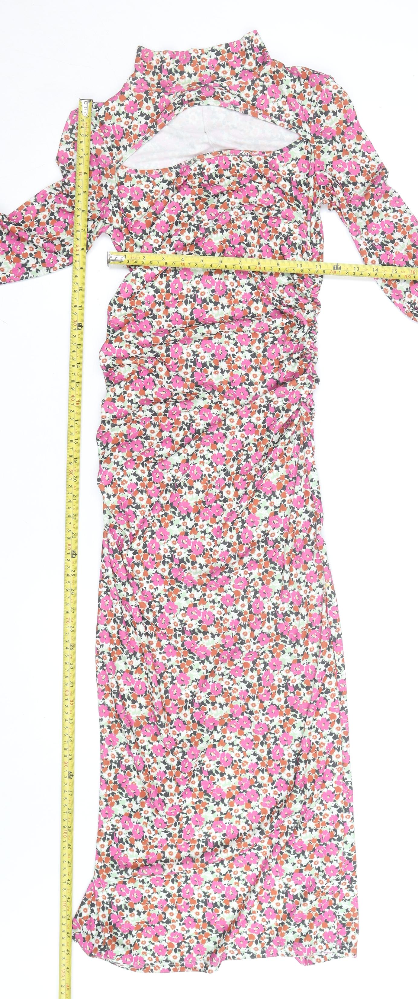 Zara Women’s Multicoloured Floral Ruched Bodycon Midi Dress Size 8