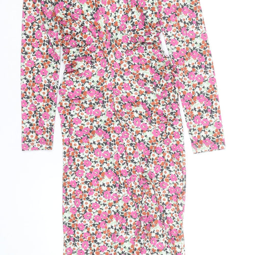 Zara Women’s Multicoloured Floral Ruched Bodycon Midi Dress Size 8