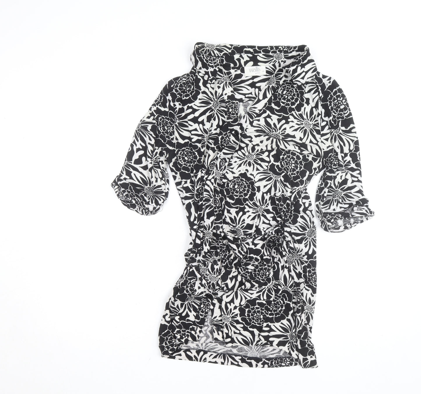 Wallis Women Black White Floral Wrap Shirt Dress Size 14 Petite