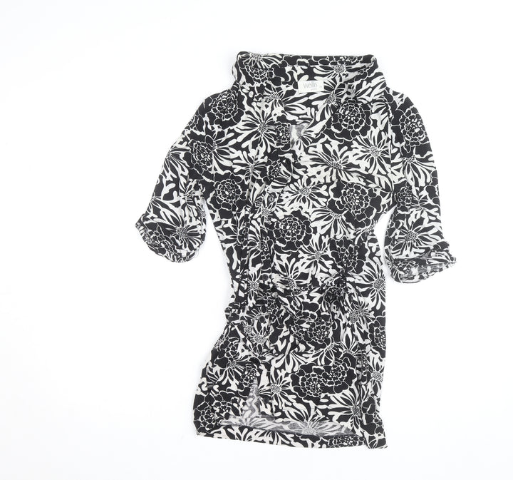 Wallis Women Black White Floral Wrap Shirt Dress Size 14 Petite