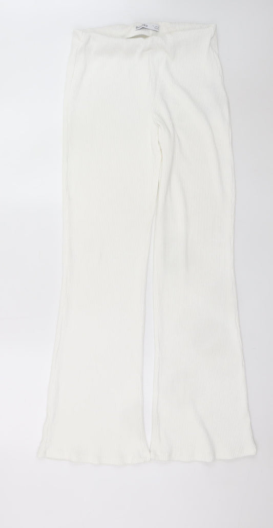 Bershka Women’s White Flared Ribbed Knit Trousers Size L