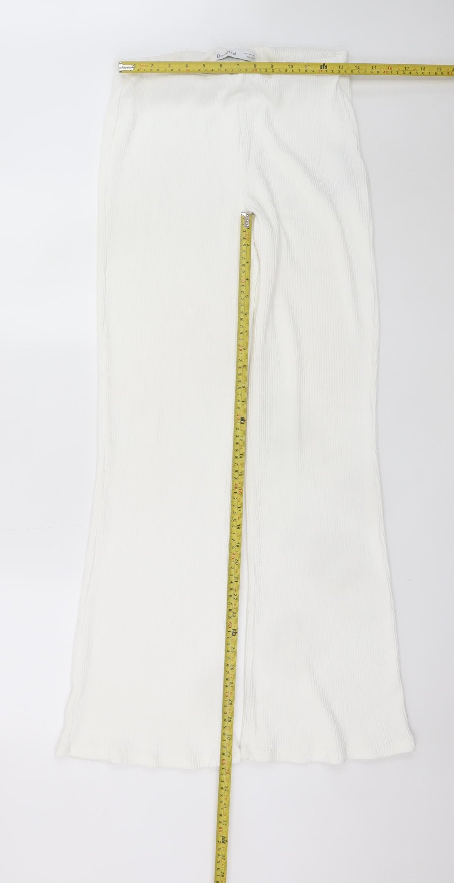Bershka Women’s White Flared Ribbed Knit Trousers Size L
