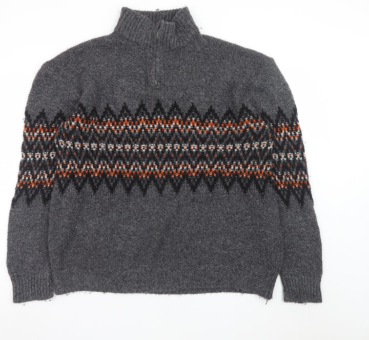 Next Men’s Grey Fair Isle 1/4 Zip Wool Jumper XL Winter Knitwear