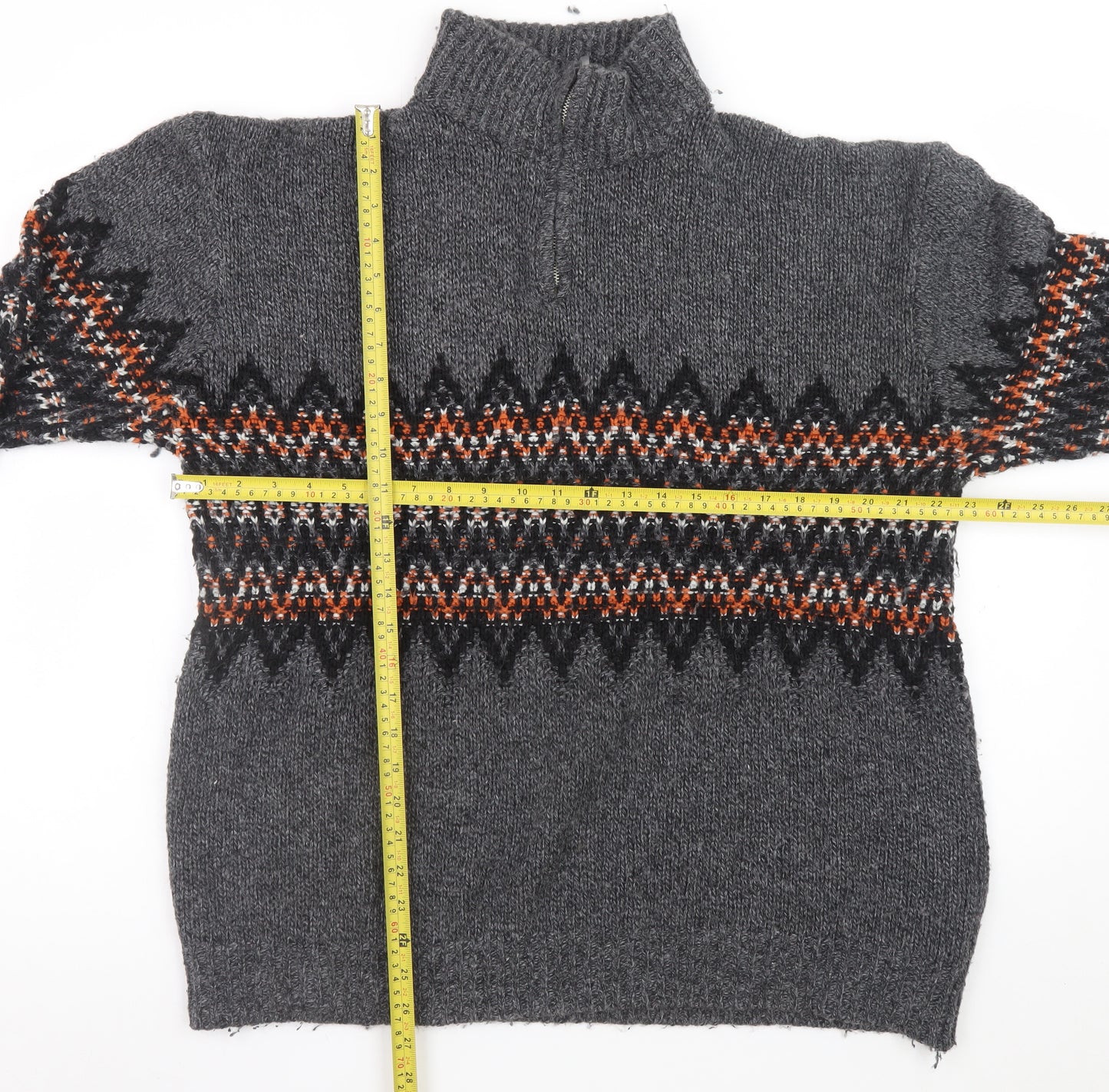 Next Men’s Grey Fair Isle 1/4 Zip Wool Jumper XL Winter Knitwear