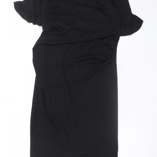 Boohoo Women Black Size 12 Bodycon Ruffle Sleeve Knee Length Dress