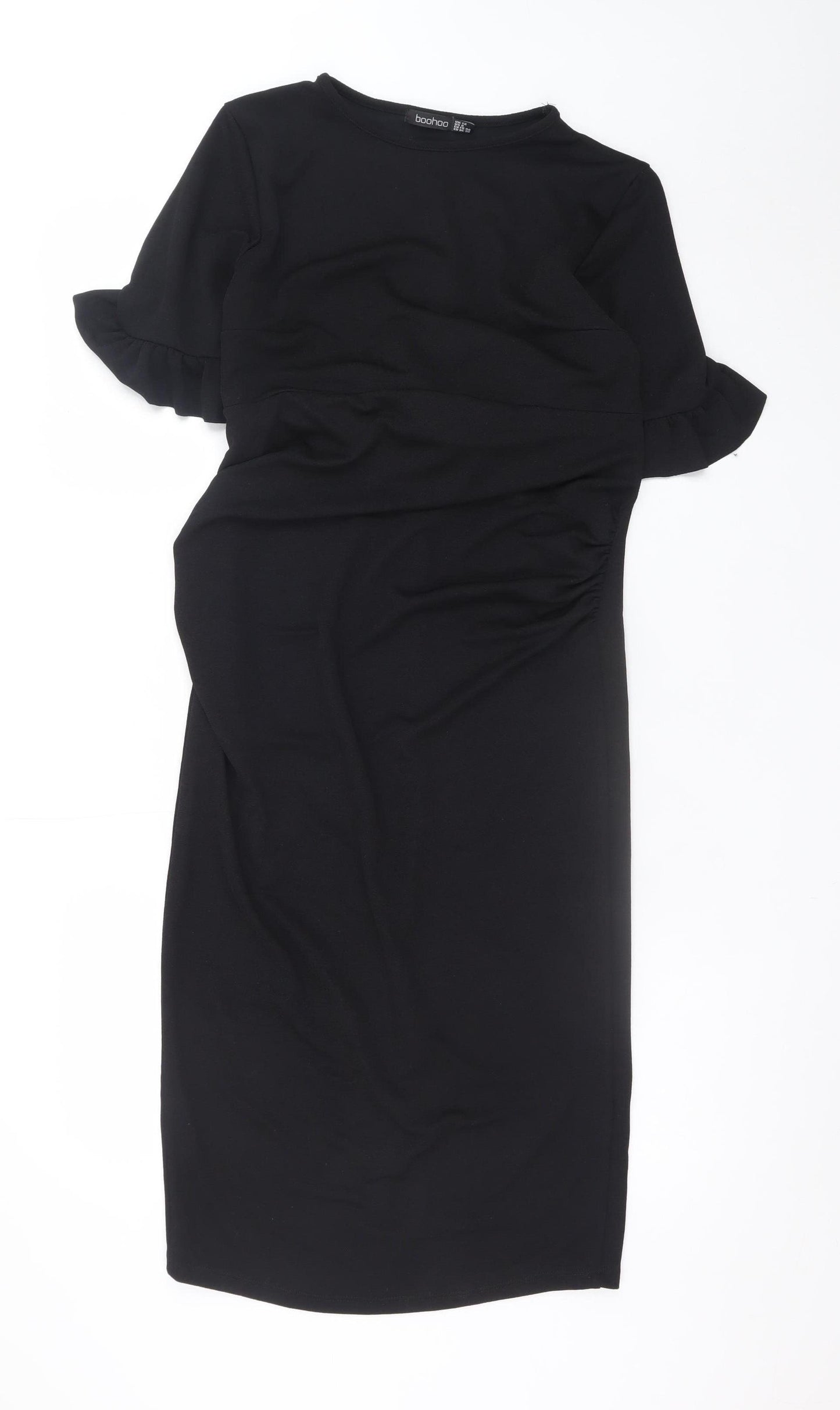 Boohoo Women Black Size 12 Bodycon Ruffle Sleeve Knee Length Dress