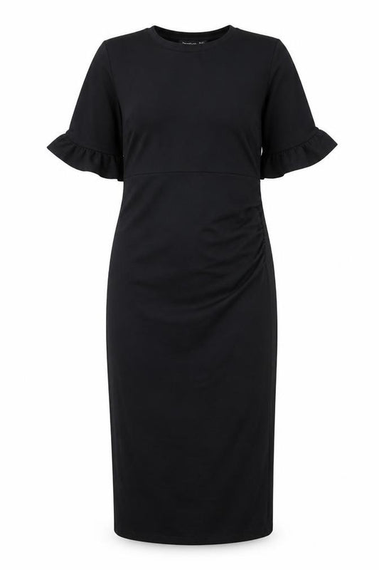 Front view of Boohoo Women Black, size 12, Bodycon Ruffle Sleeve Knee Length Dress