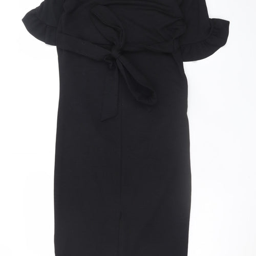 Boohoo Women Black Size 12 Bodycon Ruffle Sleeve Knee Length Dress