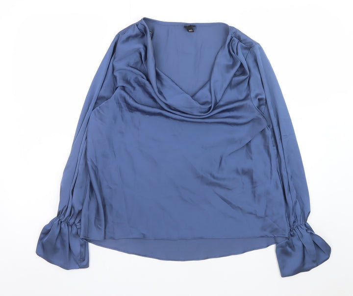 River Island Women’s Blue Satin Cowl Neck Long Sleeve Blouse Size 12