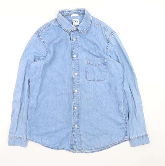 ZARA Women's Blue Denim Button-Up Shirt Long Sleeve Size M