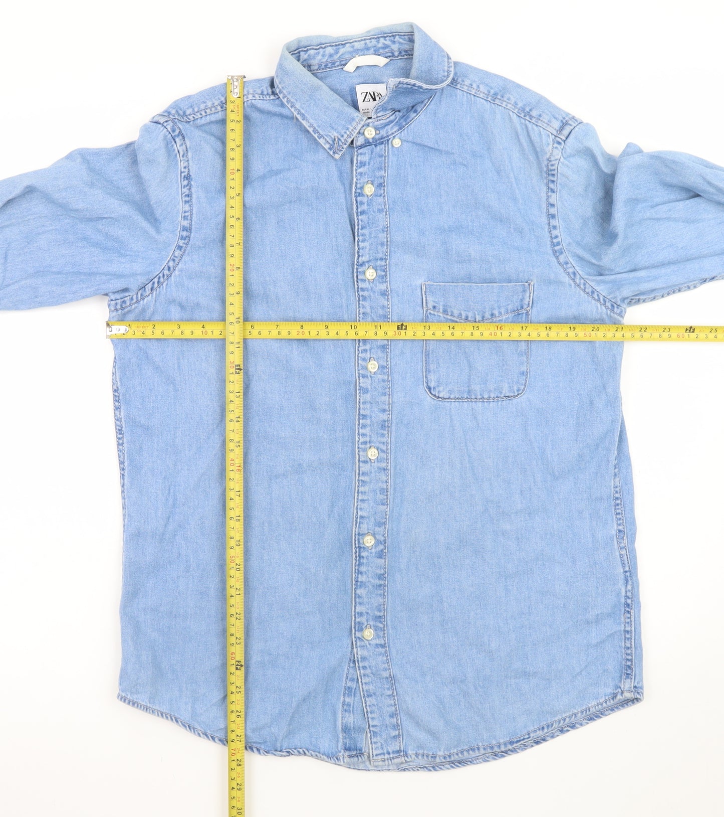 ZARA Women's Blue Denim Button-Up Shirt Long Sleeve Size M