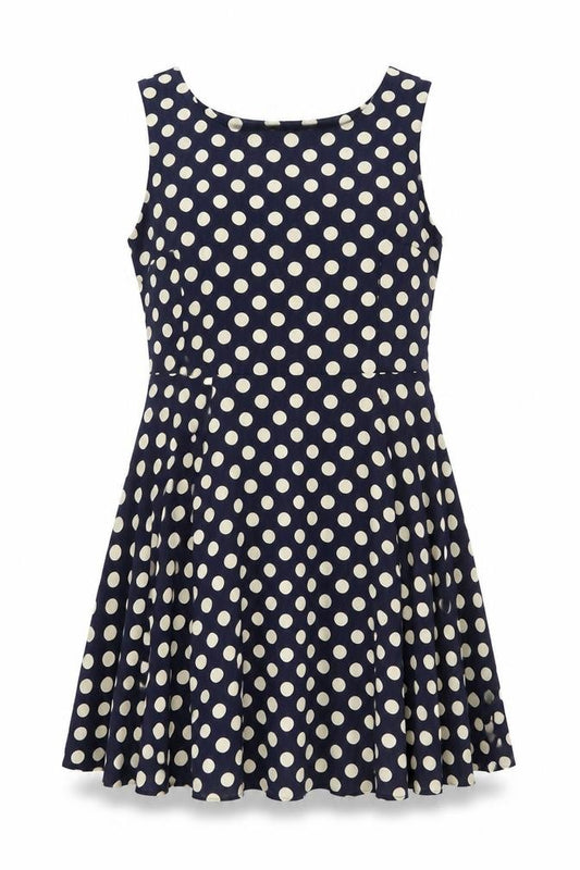 Front view of Sweet Miss Women Blue Polka Dot L Skater Dress Sleeveless Retro Style