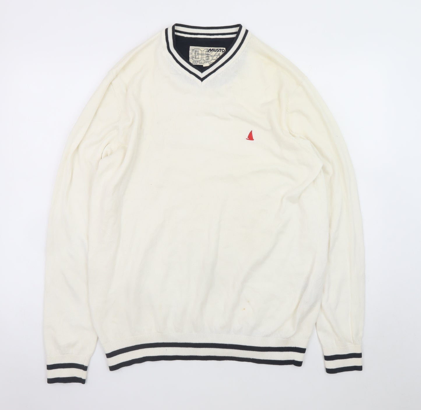 Musto Men's Ivory V-Neck Cotton Cashmere Jumper L Nautical Logo Knit