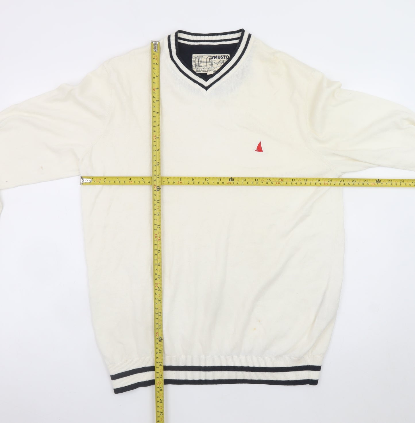 Musto Men's Ivory V-Neck Cotton Cashmere Jumper L Nautical Logo Knit