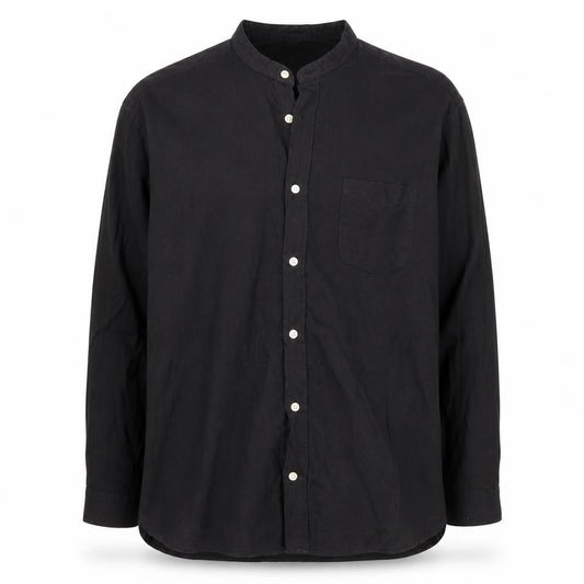 Front view of L.O.G.G. Men's Black Cotton Band Collar Button-Up Shirt, size L