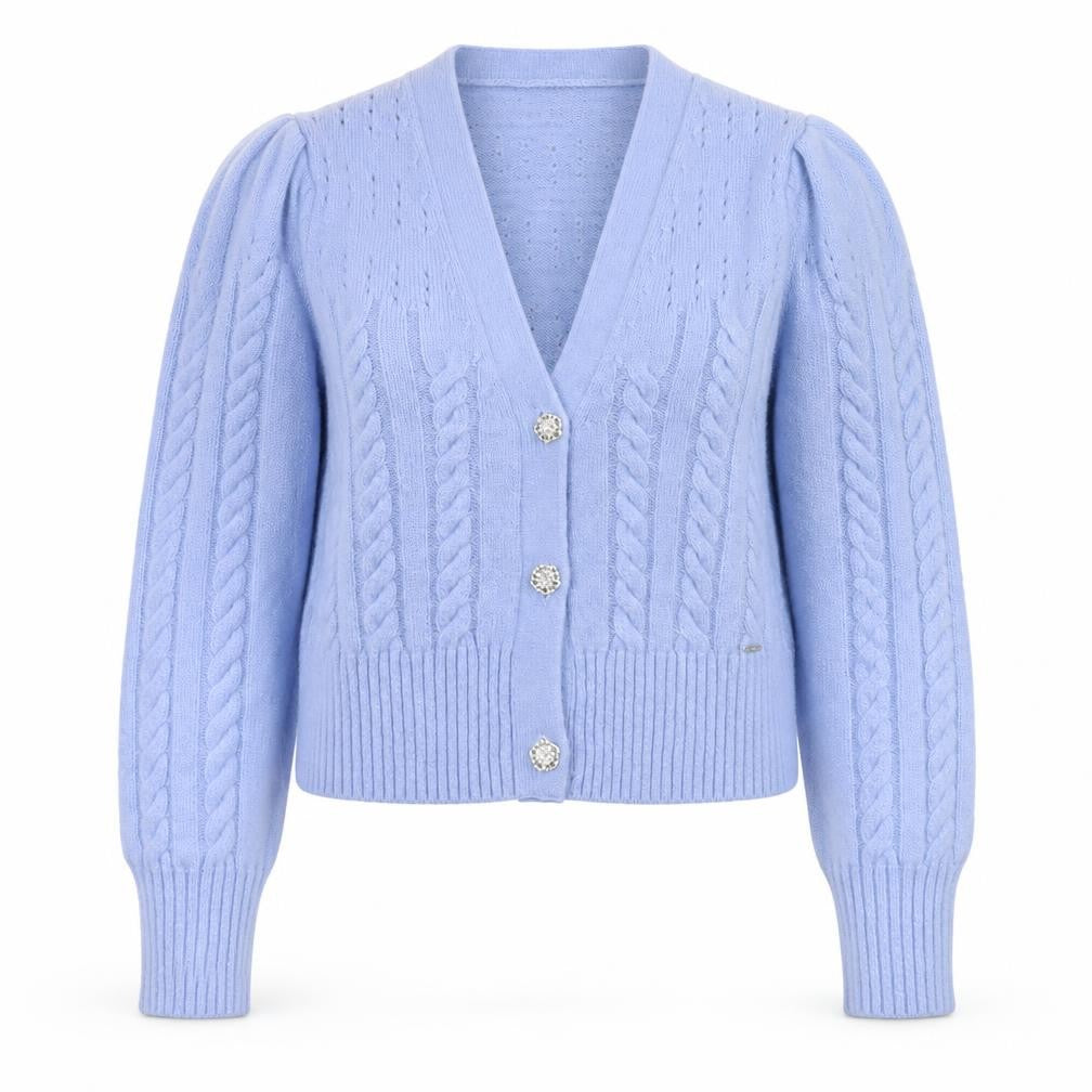 Front view of Diesel Women's Blue Cable-Knit Puff Sleeve Cardigan -, size S