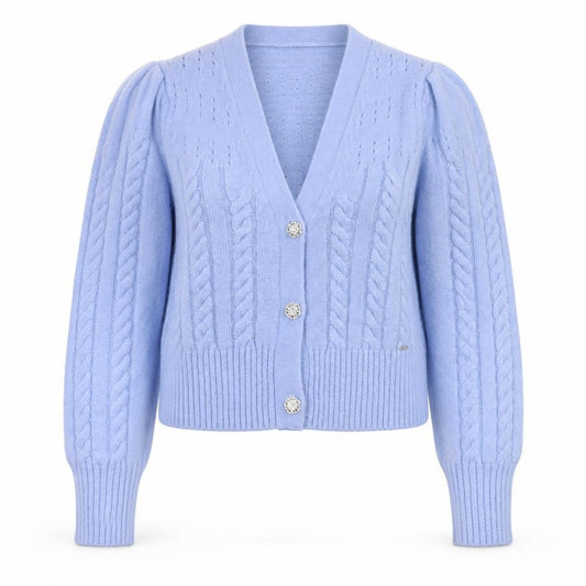 Front view of Diesel Women's Blue Cable-Knit Puff Sleeve Cardigan -, size S