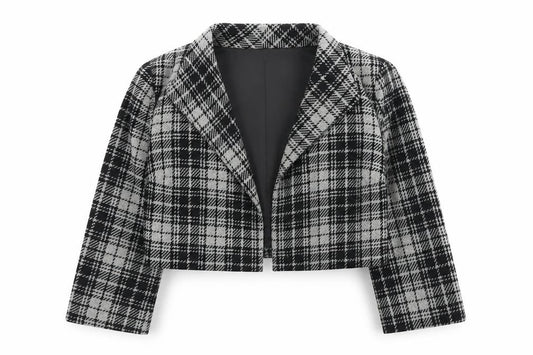 Front view of BCX Women's Grey Check Cropped Blazer Jacket, size L
